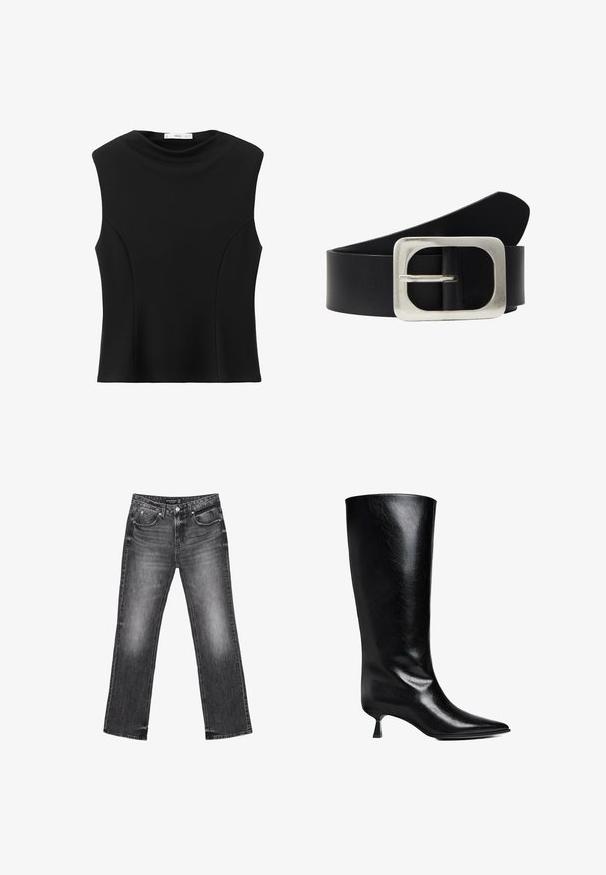 Ärmelloses schwarzes Oberteil mit hohem rundem Ausschnitt und taillierten Nähten für eine schnittige Silhouette.; Schwarze Denim-Jeans mit geradem Bein, verblasstem Design und fünf Taschen. Mit Gürtelschlaufen und Reißverschluss.; Schwarze Lederstiefel bis zum Knie mit spitzem Zehenbereich, schlanker Silhouette und niedrigem Blockabsatz mit glänzender Oberfläche.; Schwarzer Leder Gürtel mit einer rechteckigen silbernen Metallschnalle. Der Gürtel hat eine glatte Textur und eine verjüngte Endung.