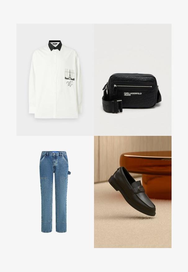 Langærmet skjorte i hvid bomuld med en sort krave. Har en lomme med et gråt Eiffeltårn tryk og håndskrevet tekst.; Blå denimjeans med et lige ben-design, der har kontrastfyldte lapper, to forlommer og en synlig løkke-detalje på siden.; Sort lædersko uden snørebånd med syede detaljer, forhøjet hælkappe og flad gummisål, placeret over en blød beige overflade.; Sort syntetisk messenger taske med prægede logo mønster, sølv lynlås, forlommer og justerbar rem med brandnavn.