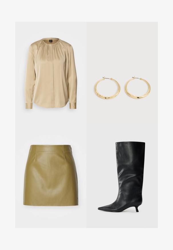 Langsleeve shirt in beige satijn, met een ronde halslijn, plooien aan de voorkant en knoopmanchetten. Glad textuur met een relaxte pasvorm.; Olijfgroene leren miniskirt met een gladde textuur, voorzien van twee voornaadstomen en een rechte snit, afgewerkt met minimalistische stikseldetails.; Zwarte leren kniehoogte laars met een spitse neus en lage kittenheel, weergegeven op een effen lichte achtergrond.; Een paar gepolijste gouden oorringen met dunne pennen en scharnierende sluitingen, tentoongesteld op een effen lichtgrijze achtergrond.