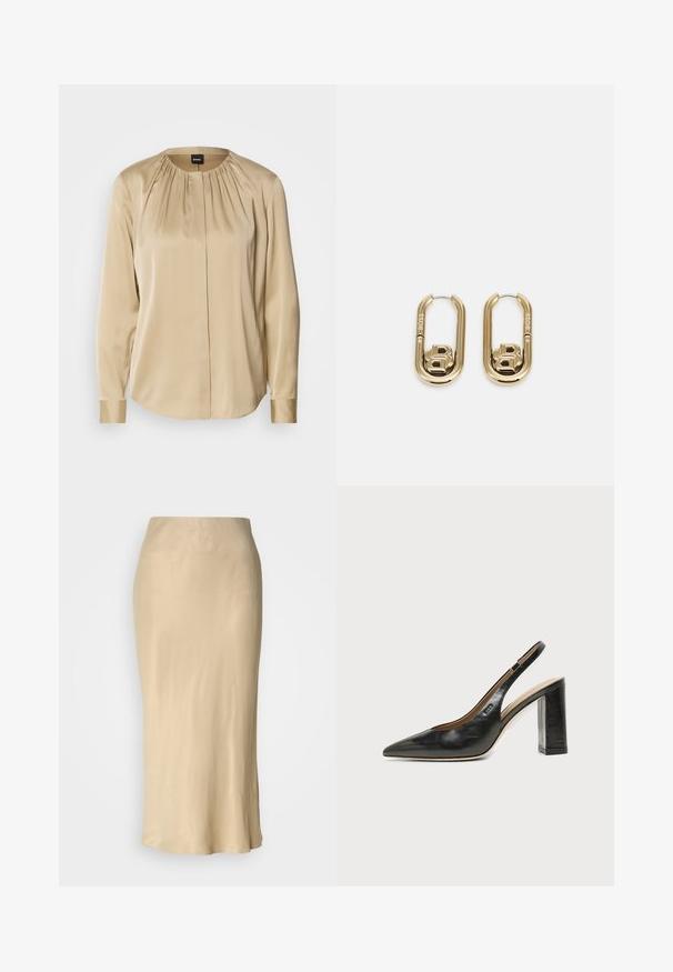 Langærmet skjorte i beige satin med rund halsudskæring, plisseringer foran og knap på ærmerne. Glat tekstur med en afslappet pasform.; Beige satin midi nederdel med en glat, skinnende tekstur. Tæt talje med en udvidet nederste kant, der har et minimalistisk design uden synlige mønstre.; Sort læder peep-toe slingback sko med høj blokhæl og beige indvendig foring mod en ensfarvet lys baggrund.; BOSS DOUBLE B SWING - Øreringe - gold-coloured