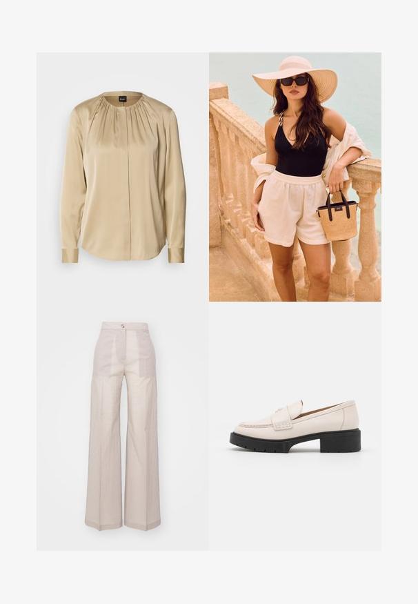 Langsleeve shirt in beige satijn, met een ronde halslijn, plooien aan de voorkant en knoopmanchetten. Glad textuur met een relaxte pasvorm.; Beige wijde pantalon gemaakt van een lichte geweven stof, met een hoge taille, enkele knoopsluiting aan de voorkant en subtiele textuur.; Lichtbeige leren loafers met een gestikte voorkant en een textuur met een zwarte plateauhak. Beschikt over een gebogen ontwerp en een lichte verhoging.; Vrouw met lang haar, die een breedgerande hoed draagt, een zwart mouwloos topje, witte korte broek, zonnebril, en een kleine geweven handtas vasthoudt bij een stenen leuning.