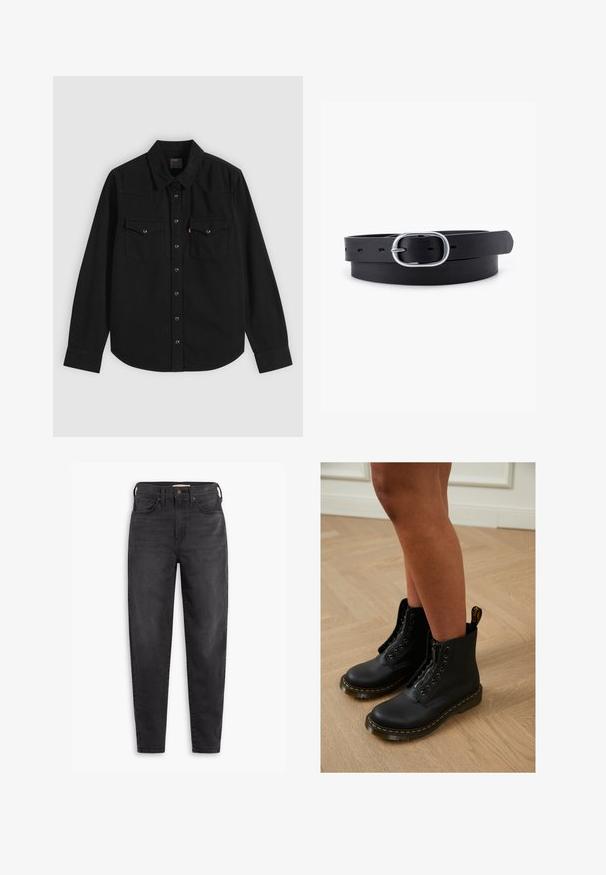 Chemise noire à manches longues boutonnée, avec deux poches poitrine à l'avant et col, présentée à plat sur un fond gris clair.; Jean slim taille haute noir avec poches avant et arrière, fermeture à bouton et passants de ceinture, présentés sur un fond blanc.; Bottines en cuir noir avec fermeture éclair et design à lacets, arborant des coutures jaunes et une semelle épaisse et texturée.; Ceinture en cuir noir au toucher lisse, boucle en métal argenté de forme ovale et plusieurs trous d'ajustement le long de la sangle. Design plat et minimal.