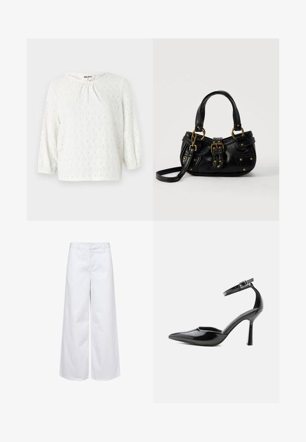 Blusa blanca con cuello redondo y mangas abullonadas de tres cuartos, que presenta un patrón tejido texturizado y sutiles recortes en forma de diamante.; Pantalones anchos blancos de algodón, con una cinturilla estructurada y bolsillos frontales. Textura suave con un diseño limpio y minimalista.; Zapato de tacón alto de charol negro con punta puntiaguda, correa en el tobillo y hebilla plateada, tacón de aguja, vista lateral sobre fondo liso.; Bolso de cuero negro con hebilla y detalles de remaches dorados, asas cortas y una correa de hombro ajustable sobre un fondo blanco liso.