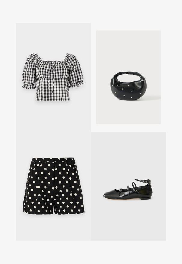 Blouse à carreaux noir et blanc avec des manches bouffantes, décolleté carré, et un détail à nouer à l'avant. Tissu léger avec texture froncée.; Shorts noirs à pois blancs, avec des plis à l'avant et des poches latérales. Fabriqués en tissu léger.; ALDO NELTA - Ballerines - black; Sac à main en cuir noir de forme arrondie, décoré de clous argentés et équipé d'une poignée courte. Texture lisse et fermeture éclair.