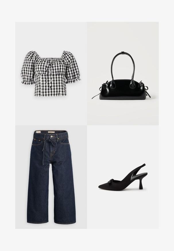 Blusa de gingham en blanco y negro con mangas abullonadas, escote cuadrado y detalle de lazo en la parte delantera. Tejido ligero con textura fruncida.; Jeans de mezclilla de pierna ancha en azul oscuro con cintura ajustable por cordón, bolsillos frontales y detalles de costura en naranja contrastante.; Zapato de tacón alto de punta afilada con tira trasera negra, con un pequeño lazo en la parte delantera y tacón estrecho, mostrado sobre un fondo blanco.; Pequeño bolso negro brillante con dos asas largas y detalles de cordón lateral sobre un fondo claro liso.
