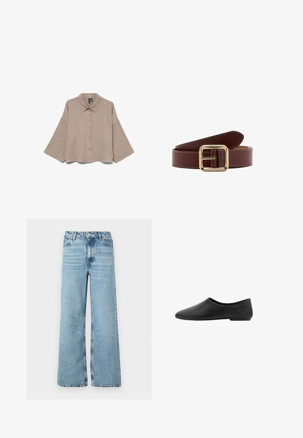 Vero Moda VMNATALI CROP WVN GA - Blúzka so zapínaním na gombíky - moon rock; Svetlomodré široké džínsy vyrobené z denimu, s vysokým pásom, päť vreckovým dizajnom a kontrastným prešívaním pozdĺž švov.; Čierne minimalistické plošné topánky s oblými mandľovými špičkami a nízkym podpätkom, hladký kožený zvršok, bez zapínania.; Hnedý kožený opasok so zlatou obdĺžnikovou prackou, zdobený bielym prešívaním po okrajoch a hladkou textúrou.