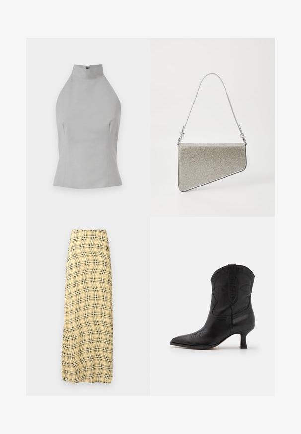 Grå halterneck top med høj halsudskæring, skræddersyet pasform, glat tekstur og sømdetaljer på siderne. Ingen synlige lukninger.; Rabanne Maxinederdele - green/yellow/cream; Sort læder cowboystøvle med spids tå, lav hæl og dekorativ pyntesyning på skaftet og tåområdet. Glat tekstur overalt.; Clutch taske med en trekantet form, dækket af sølvfarvet mesh-stof. Har en tynd, justerbar rem og metalhardware detaljer.