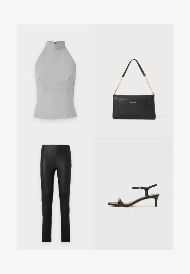 Haut halter gris avec un col montant, coupe ajustée, texture lisse et détails de couture sur les côtés. Sans fermetures visibles.; Leggings noirs en tissu lisse et extensible. Design ajusté avec une texture douce. Présente des détails de couture au niveau des genoux.; Sandale noire en cuir à talon avec bride à la cheville, bout ouvert, devant carré et accent en métal argenté. Design ajusté avec un profil élégant.; Pochette en cuir noir avec une texture en relief, bandoulière en chaîne dorée et une poche avant. Elle arbore un logo doré sur le devant.