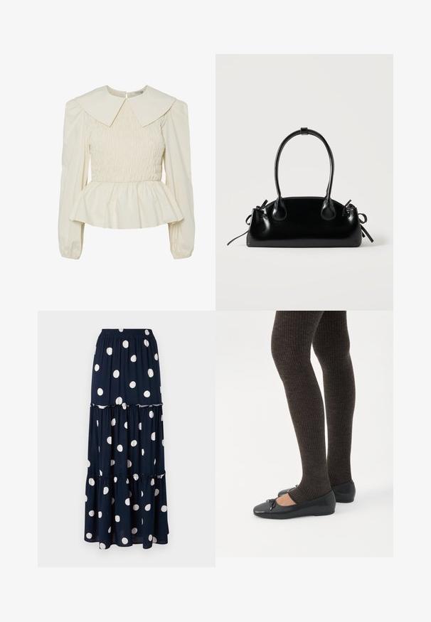 Kreemivärvi pluus suure lameda krae, smock-kere ja puffvarrukatega. Omab peplum-alust ja selja sulgemist. Valmistatud kergest kangast.; Tumedat polka dot maxi seelik valgete ringjate mustritega, millel on kihiline disain ja elastne vöökoht mugavuseks.; Jalad seljas tumedad soonelises soonelises kombines mustade baleriinadega, millel on väikesed paelade detailid valgel taustal.; Väike must läikiv käekott kahe pika sangaga ja külgedel paelakinnitustega, ühel lihtsal helel taustal.