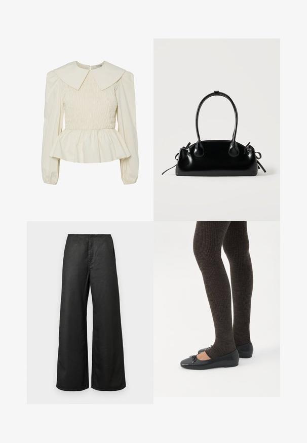 Blouse de couleur crème avec un large col plat, un corps smocké et des manches bouffantes. Dotée d'un ourlet peplum et d'une fermeture au dos. Fabriquée en tissu léger.; Pantalons larges noirs avec poches avant et taille haute, fabriqués à partir d'un tissu lisse, présentés sur un fond clair.; Jambes portant des leggings côtelés foncés associés à des ballerines noires avec de petits détails en nœud sur fond blanc.; Petit sac à main noir brillant avec deux longues anses et des détails à cordon sur les côtés sur un fond clair uni.