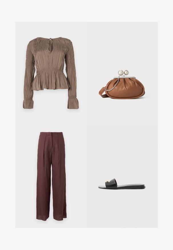 Haut péplum marron à manches longues, détails froncés sur les épaules et les poignets, encolure avec ouverture en goutte d'eau, tissu texturé.; Pantalon large taille haute marron foncé avec plis sur le devant et taille structurée, fabriqué en tissu léger.; Sandales noires à glissière avec un large dessus, texture en cuir lisse, design à bout ouvert et détail doré sur la sangle. Semelle plate.; Pochette en cuir marron avec un fermoir à boule en argent et un petit détail en chaîne argentée sur fond blanc.