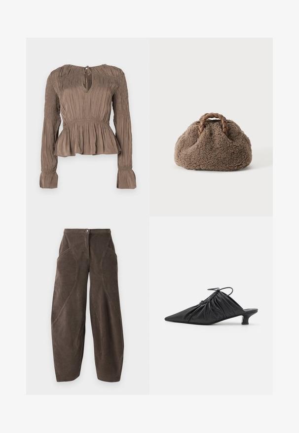 Brun peplum-top med lange ærmer, smockdetaljer på skuldre og manchetter, nøglehulshalsudskæring og tekstureret stof.; Brune bredbenede fløjlsbukser med høj talje, frontknaplukning og skrå sømdetaljer på benene.; Sorte læder slip-on mules med spids tå, samlet tekstur og en lille kitten heel. Har en snor-detalje ved åbningen.; Lille brun, fluffy håndtaske med flettede læderhåndtag på en ensfarvet lys baggrund.