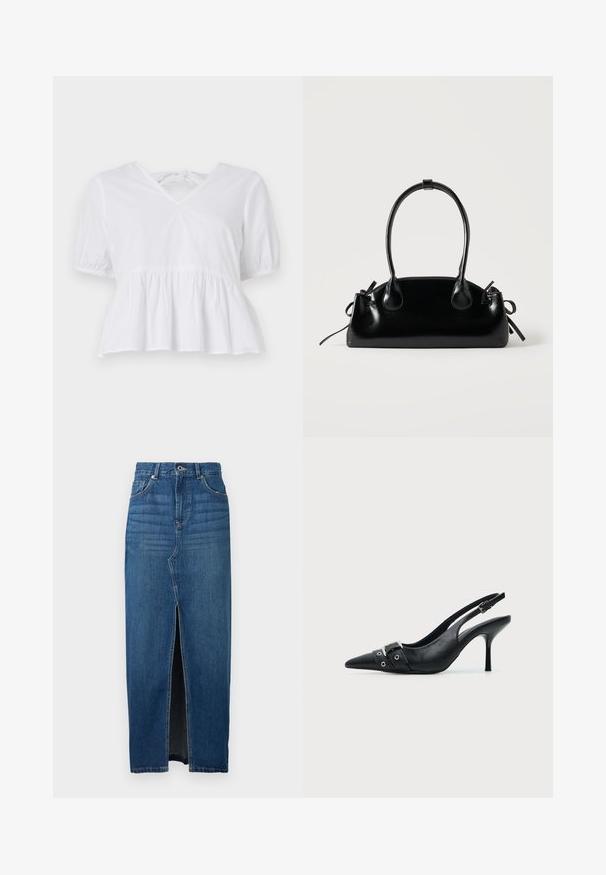 Biely peplum top vyrobený z bavlny s krátkymi puff rukávmi, plytkým V-výstrihom a zaväzovaním na zadnej strane. Hladká textúra, ležérny dizajn.; Džínsová sukňa v tmavomodrej farbe, s predným rozparkom, vysokým pásom a dizajnom s piatimi vreckami. Vyrobená z pevného džínsového materiálu s viditeľným prešívaním.; Čierny kožený vysoký podpätok so špicatou špičkou, slingback so zapínaním na pracku a detailom s očkami vpredu.; Malá čierna lesklá kabelka s dvoma dlhými rúčkami a bočnými šnúrkovými detailmi na jednoduchom svetlom pozadí.