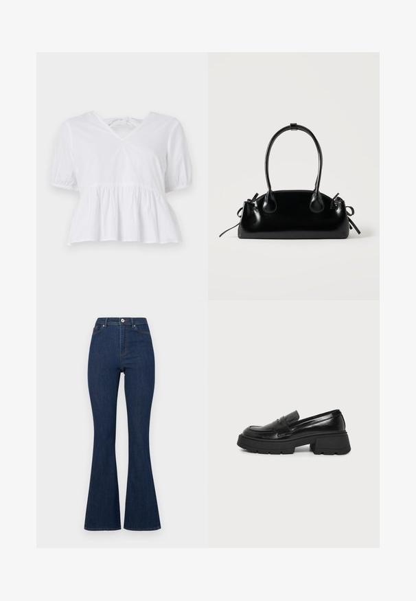 Haut peplum blanc en coton avec des manches courtes bouffantes, un décolleté en V peu profond et un lien de fermeture au dos. Texture lisse, design décontracté.; Jean en denim évasés de couleur bleu foncé avec une taille haute, présentant une fermeture éclair et un bouton, ainsi que des coutures discrètes le long des bords.; Mocassin en cuir noir avec semelle plateforme épaisse et petit talon carré, profil latéral visible sur fond clair uni.; Petit sac à main noir brillant avec deux longues anses et des détails à cordon sur les côtés sur un fond clair uni.