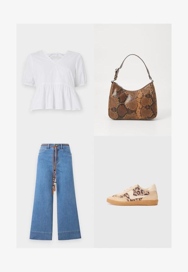 Top peplum blanco hecho de algodón, con mangas cortas abullonadas, un escote en V poco profundo y un cierre de lazo en la parte posterior. Textura suave, diseño casual.; Jeans de mezclilla de pierna ancha en un tono azul claro con un cinturón ajustable trenzado marrón, que presenta cuentas decorativas y un diseño tradicional de cinco bolsillos.; Zapatillas de leopardo con parte superior de ante beige, suela de goma marrón y acentos blancos. Punta redonda y diseño con cordones con un acabado texturado.; Pequeño bolso de mano con un patrón de piel de serpiente marrón y negro, correa corta ajustable y cierre de cremallera.