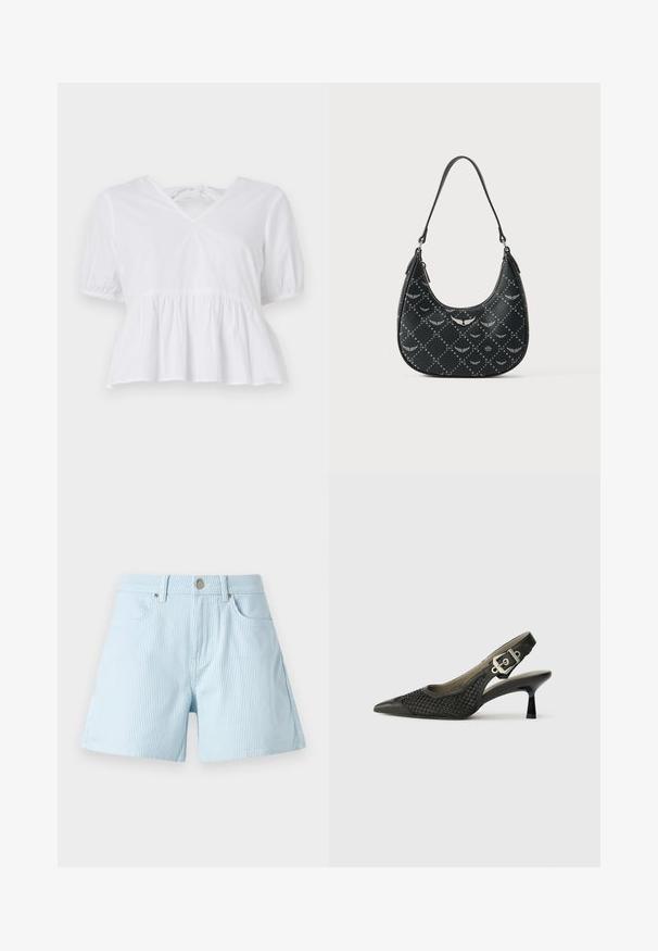 Haut peplum blanc en coton avec des manches courtes bouffantes, un décolleté en V peu profond et un lien de fermeture au dos. Texture lisse, design décontracté.; Shorts rayés bleu clair avec taille haute, poches avant et fermeture à bouton métallique. Le tissu présente une texture douce et une coupe ajustée.; Chaussure slingback noire avec un bout pointu, texture en maille tissée et accent de boucle au talon. Talon fin et courbé. Détails en cuir lisse.; Sac à main noir en matériau texturé, présentant une forme courbée, des accents argentés et un motif répétitif d'ailes et d'étoiles sur la surface.