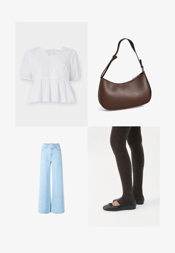Biely peplum top vyrobený z bavlny s krátkymi puff rukávmi, plytkým V-výstrihom a zaväzovaním na zadnej strane. Hladká textúra, ležérny dizajn.; Svetlomodré široké džínsy s vysokým pásom, prednými vreckami a jedným gombíkom na zapínanie. Hladká štruktúra s rovnomerným praním.; Nohy v tmavých pásikavých legínach v kombinácii s čiernymi balerínkami s malými mašličkami na bielom pozadí.; Malá hnedá kožená kabelka cez rameno s nastaviteľným popruhom a zapínaním na zips, zobrazená na bielom pozadí. Bez viditeľného loga alebo ozdôb.
