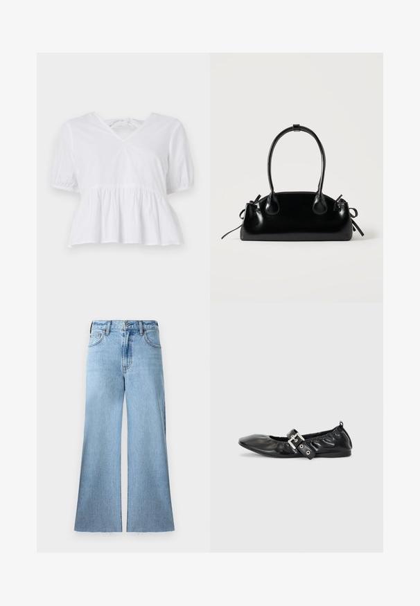 Hvid peplum top lavet af bomuld med korte pufærmer, en lav V-hals og en snørelukning bagpå. Glat tekstur, afslappet design.; Lys blå, brede jeans lavet af denim med en tekstureret overflade. Har en mellemhøj talje og rå kantdetaljer.; Sorte læder flade sko med spids tå, samling detaljer omkring åbningen, og en sølv spænde accent på den justerbare rem.; Lille sort blank håndtaske med to lange håndtag og snøre-detaljer i siden på en ensfarvet lys baggrund.