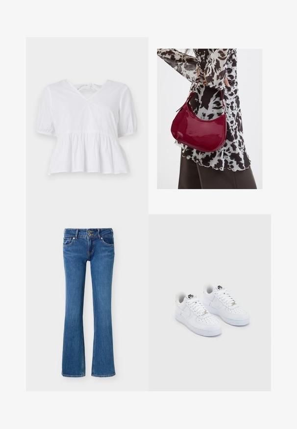 Biely peplum top vyrobený z bavlny s krátkymi puff rukávmi, plytkým V-výstrihom a zaväzovaním na zadnej strane. Hladká textúra, ležérny dizajn.; Modré džínsy bootcut z denimu s dvojitým zapínaním na gombíky, prednými a zadnými vreckami a štandardnými švovými detailmi.; Biele tenisky Nike Air Force 1 s hladkým koženým zvrškom, perforovanou špičkou, bielymi šnúrkami a čiernym logom na jazyku.; Žena v čierno-bielom vzorovanom blúzke drží lesklú červenú kabelku cez rameno na jednofarebnom pozadí.