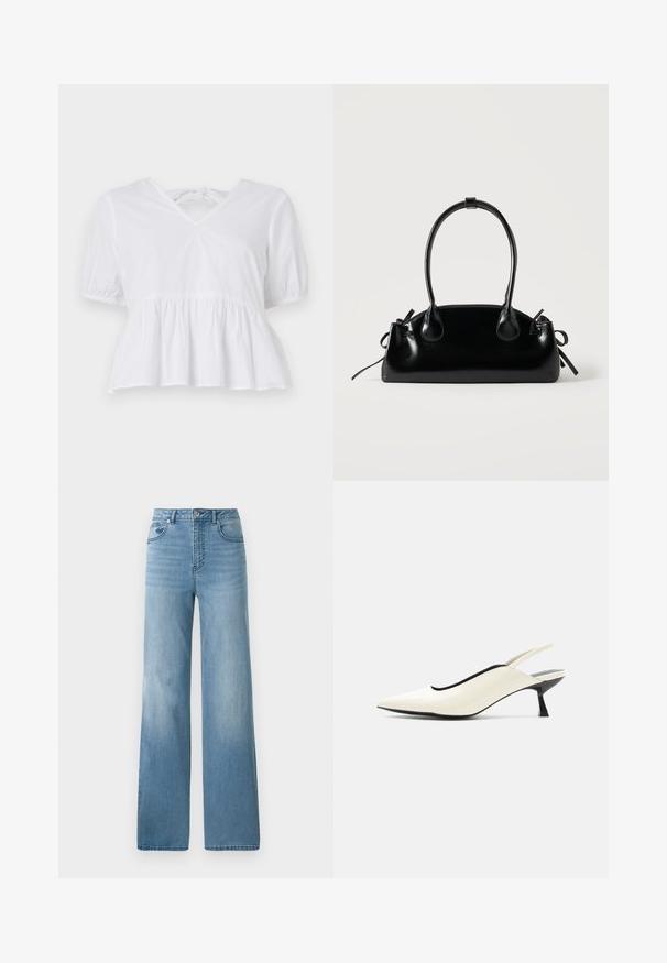 Witte peplumtop van katoen met korte pofmouwen, een ondiepe V-hals en een striksluiting aan de achterkant. Soepele textuur, casual ontwerp.; Lichtblauwe high-waisted jeans met een rechte pasvorm. Gemaakt van denim, met vijf zakken en een knoopsluiting.; Crèmekleurige slingback schoen met puntige neus, lage zwarte kittenhak en een gladde leren afwerking op een witte achtergrond.; Kleine zwarte glanzende handtas met twee lange hengsels en zijkant trekkoord details op een effen lichte achtergrond.