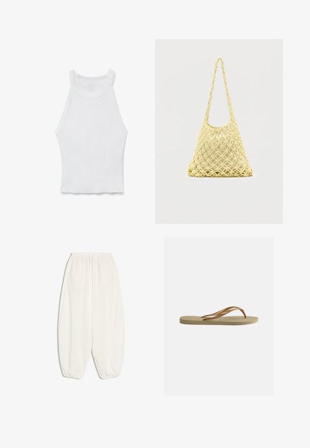 Wit mouwloos geribd hemdje met hoge hals en aansluitende silhouet, plat neergelegd op een witte achtergrond.; Witte, losvallende broek met een elastische tailleband en boorden bij de enkels. Gemaakt van een lichtgewicht, gestructureerde stof.; Beige teenslipper met gestructureerde zool en bronzen metalen Y-vormige banden op een witte effen achtergrond.; Gele macramé net tas met lange band en beige tasje erin, getoond op een effen witte achtergrond.