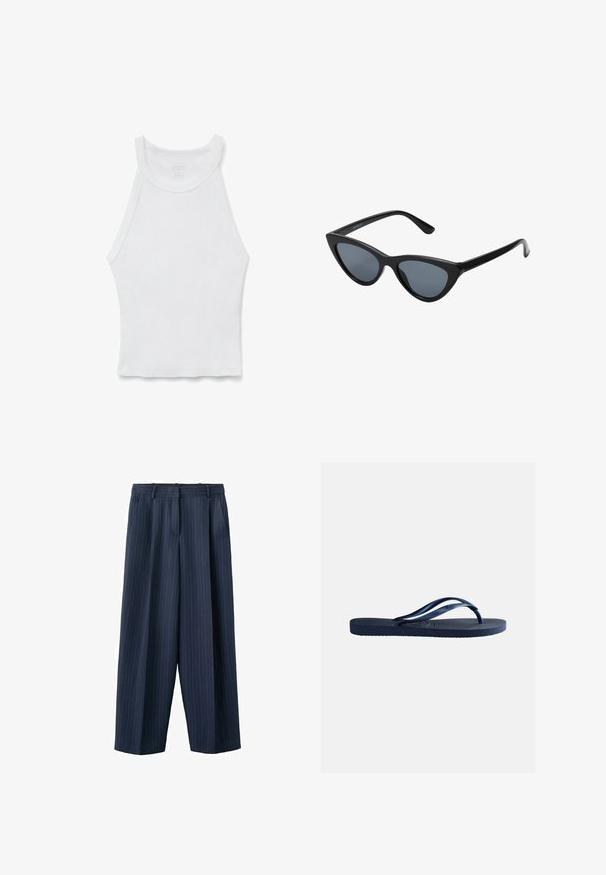 Débardeur blanc sans manches en côte avec un col montant et une silhouette ajustée, posé à plat sur un fond blanc.; Pantalon large à rayures fines bleu marine avec passants pour ceinture et poches latérales, confectionné avec un pli sur le devant et une fermeture éclair.; Tongs en caoutchouc bleu marine avec semelle texturée et brides en forme de Y, isolées sur un fond gris clair uni.; Lunettes de soleil noires en forme d'œil de chat avec des verres gris foncé, monture en plastique élégante, coins pointus et branches droites. Pas de métal visible ni d'accents.