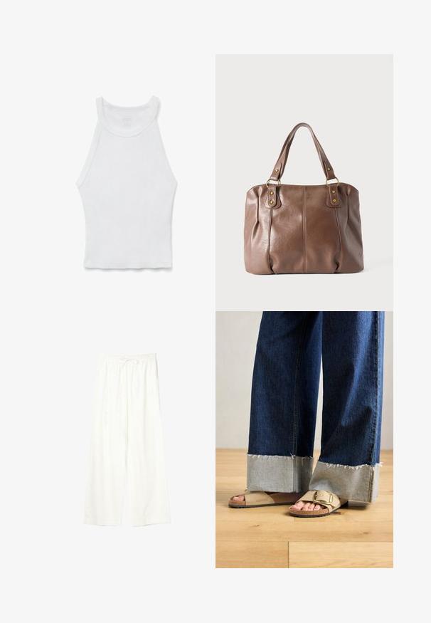 Wit mouwloos geribd hemdje met hoge hals en aansluitende silhouet, plat neergelegd op een witte achtergrond.; Witte wijde broek met elastische tailleband en trekkoord, gemaakt van lichtgewicht stof.; Voeten in beige Birkenstock-sandalen met gouden gespen, gecombineerd met donkerblauwe denimspijkerbroeken die bij de boorden opgerold zijn, staande op een houten vloer.; Bruine leren handtas met twee schouderbanden bevestigd door goudkleurige ringen en klinknagels, afgebeeld tegen een effen lichte achtergrond.