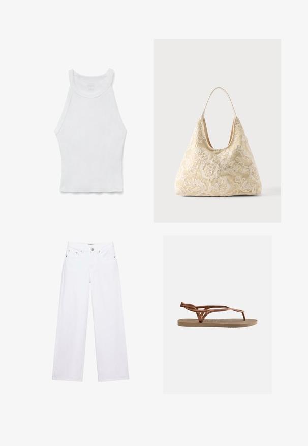 Hvid ærmeløs ribbet tanktop med høj halsudskæring og tætsiddende silhuet, lagt fladt på en hvid baggrund.; Hvide jeans med høj talje og vide ben med knap- og lynlåslukning, for- og baglommer samt sølvfarvede nitter som detaljer.; Flad sandal med beige sål og metallisk roseguld flettede remme, udstyret med en tåkappe og hælrem for sikker pasform.; Kremfarvet stoftaske med hvidt blomsterhæklet mønster og en enkelt tynd skulderrem på ensfarvet baggrund.