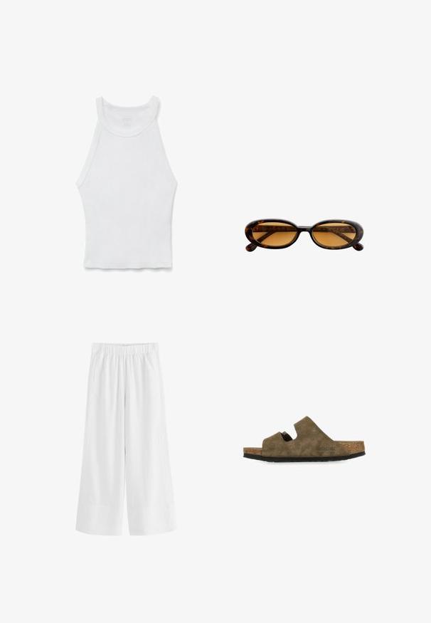 Camiseta de tirantes blanca con canalé, cuello alto y silueta ajustada, colocada plana sobre un fondo blanco.; Pantalones blancos de pierna ancha con cinturilla elástica y bolsillos laterales, diseñados para un ajuste suelto y cómodo.; Sandalia tipo slip-on de ante marrón con plantilla de corcho, presenta un diseño con recortes y suela de goma negra texturizada. Logo de la marca visible en el lateral.; Gafas de sol ovaladas con montura carey y lentes tintadas en ámbar, mostradas sobre un fondo blanco.