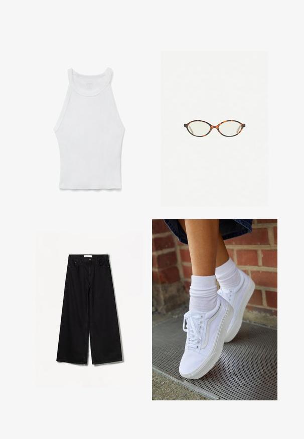Débardeur blanc sans manches en côte avec un col montant et une silhouette ajustée, posé à plat sur un fond blanc.; Jean large noir en denim. Doté d'une taille haute, de poches avant et arrière, et d'un matériel argenté sur le bouton et la fermeture éclair.; Baskets en toile blanches avec semelles en caoutchouc, dotées de six œillets, d'un bout rond et de détails de couture légers, portées avec des chaussettes blanches mi-mollet.; Lunettes en écaille de tortue avec des verres ovales et une finition lisse et élégante. Présente des branches fines avec une courbure subtile au niveau des tempes. Verres transparents.