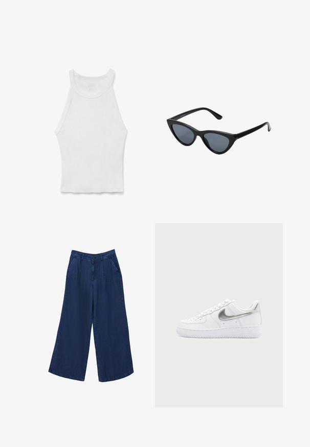 Camiseta de tirantes blanca con canalé, cuello alto y silueta ajustada, colocada plana sobre un fondo blanco.; Pantalones vaqueros de pierna ancha en azul oscuro. Presentan dos bolsillos frontales, un cierre de botón y una textura suave con una tela ligera.; Zapatilla blanca de corte bajo con el logo Nike en plata metálica y cordones blancos sobre un fondo gris claro liso.; Gafas de sol negras en forma de ojo de gato con lentes gris oscuro, marco de plástico elegante, esquinas puntiagudas y patillas rectas. Sin herrajes ni acentos visibles.
