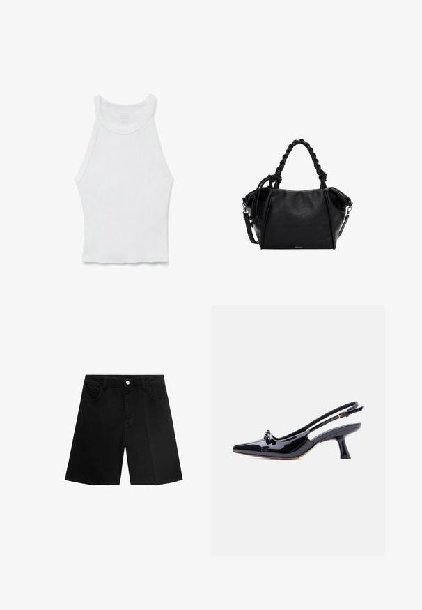 Hvid ærmeløs ribbet tanktop med høj halsudskæring og tætsiddende silhuet, lagt fladt på en hvid baggrund.; Sorte denim shorts med lige snit, fem lommer og sølvfarvet knaplukning. Glat tekstur med minimal syning.; Sort laklæder slingback-sko med spids tå, lille knudedetalje og udvidet mellemhøj hæl på hvid baggrund.; Sort læderhåndtaske med flettet håndtag på toppen, rektangulær form, blød tekstur og aftagelig skulderrem. Har dekorative syninger.