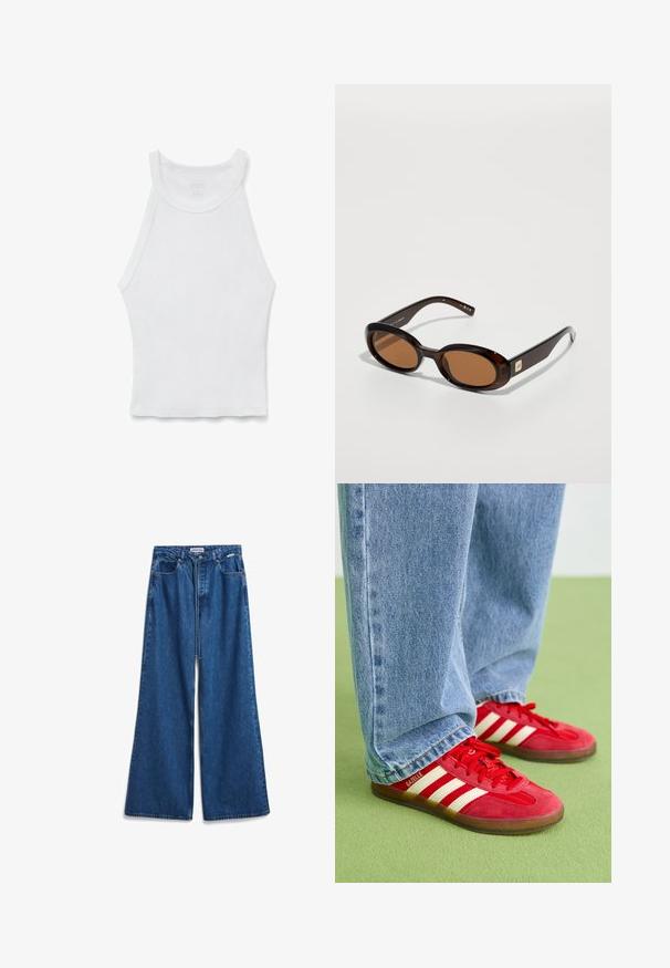 Wit mouwloos geribd hemdje met hoge hals en aansluitende silhouet, plat neergelegd op een witte achtergrond.; Wijde blauwe denim jeans met een hoge taille, vijf zakken en een rits. Gemaakt van stevig katoenmix materiaal met vervaging.; Rode suède sneakers met drie witte strepen, ronde neus en gestructureerde zool, gecombineerd met lichtblauwe spijkerbroek op een groene achtergrond.; Bruine schildpadzonnebril met ovale lenzen, met een dunne montuur en een kleine metalen accent aan de zijkant. Geverfd en gepolijst afwerking.