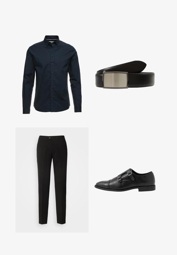 Marineblauwe lange mouwen shirt van katoen met een knoopsluiting aan de voorkant, spitse kraag en contrasterende stiksels. Heeft een regular fit en een strakke uitstraling.; Zwarte rechte broek van gladde stof, met een knoopsluiting en zijzakken in een klassiek ontwerp.; Zwarte leren monniksschoen met twee zilveren gespen, ontwerp met teenkap, ronde neus en een lage rubberen zool. Glad textuur, elegante silo.; Zwarte leren riem met een brede band en een rechthoekige, geborsteld metalen gesp met een gladde afwerking en een klein logo-detail.