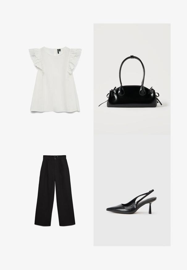 Blouse blanche sans manches avec col rond et détails de volants superposés aux épaules, coupe ample, fermeture boutonnée au dos.; Pantalon noir taille haute à jambes larges avec fermeture bouton et zip, passants de ceinture et plis à l'avant.; Chaussure à talon haut en cuir noir, à bride arrière, avec un bout pointu et un talon fin sur fond blanc.; Petit sac à main noir brillant avec deux longues anses et des détails à cordon sur les côtés sur un fond clair uni.