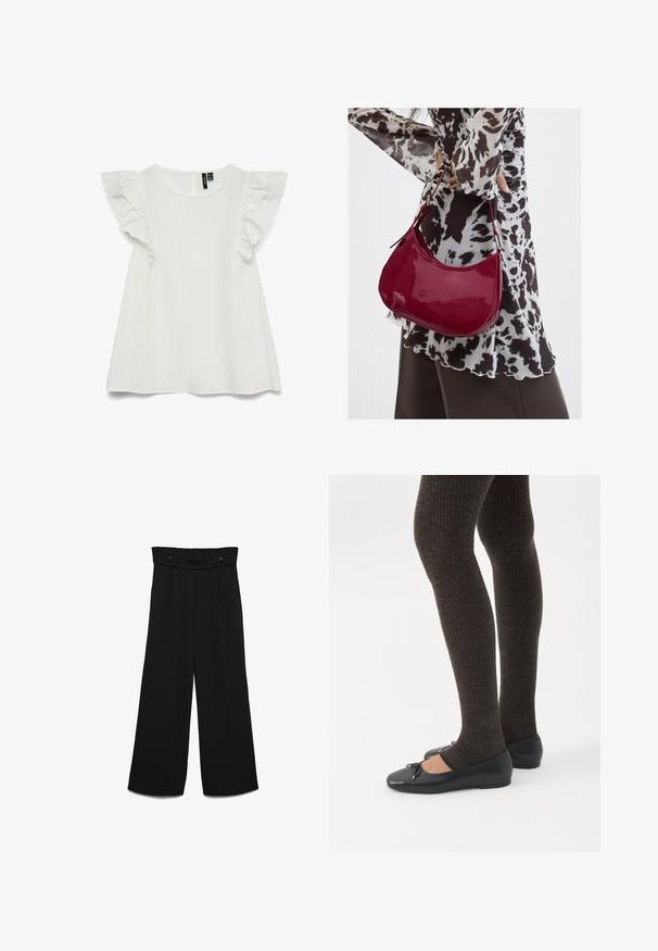 Blusa blanca sin mangas con escote redondo y detalles de volantes en capas en los hombros, corte suelto, cierre de botones en la parte trasera.; Pantalones negros de pierna ancha con una pretina alta, que cuentan con dos botones frontales y una textura suave. Corte recto con pliegues en la parte delantera.; Piernas con leggings oscuros acanalados combinados con bailarinas negras que presentan pequeños detalles de lazo sobre un fondo blanco.; Mujer con blusa de estampado en blanco y negro sosteniendo un bolso de hombro rojo brillante sobre un fondo liso.