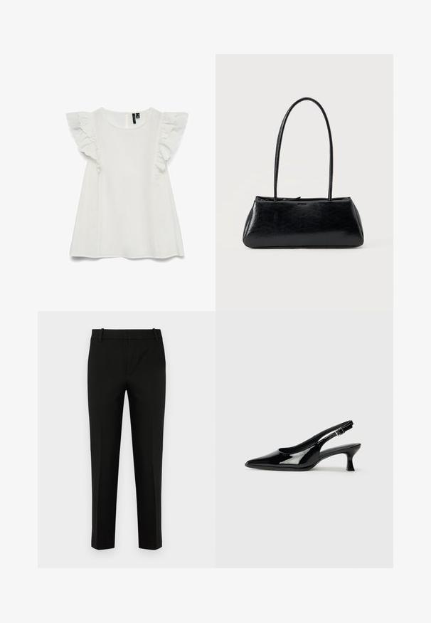 Blusa blanca sin mangas con escote redondo y detalles de volantes en capas en los hombros, corte suelto, cierre de botones en la parte trasera.; Pantalones negros de corte ajustado, con un frente plano, bolsillos laterales y una textura suave. Diseñados con una cintura de altura media y perneras estrechas.; Zapatos de charol negro tipo slingback con punta afilada y tacón bajo. Correa ajustable con hebilla en el tobillo.; Bolso de hombro rectangular negro con correas largas y delgadas y una textura lisa y brillante sobre un fondo liso.