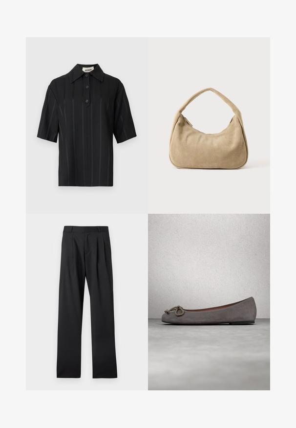 Camisa negra de manga corta hecha de tela suave con sutiles rayas verticales, cuello puntiagudo y tapeta frontal con botones.; Pantalones formales negros con trabillas y pinzas, corte recto, colocados planos sobre un fondo blanco.; Bailarinas de ante gris con puntera redonda, adorno de cuerda anudada y un sutil ribete en contraste a lo largo del borde. Suela plana y flexible.; Pequeño bolso beige de ante para el hombro con un diseño suave y curvado y una sola correa gruesa sobre un fondo liso.