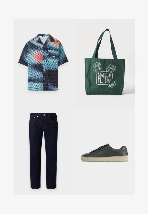Chemise à manches courtes boutonnée avec motif de points bleus, noirs et rouges, poche poitrine, et logo MSGM sur la poche et l'étiquette du col.; Jean en denim bleu marine avec une coupe droite, featuring des coutures orange, cinq poches et un bouton à l'avant.; Baskets basses en cuir noir avec lacets noirs et semelle en caoutchouc écrue, vues de côté extérieur sur fond blanc.; Sac fourre-tout vert foncé avec des poignées larges présentant un texte graphique blanc : « Maison Kitsuné », « Tokyo Paris » et « Palais Royal » avec des accents floraux.