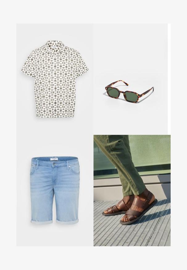Kortærmet skjorte med knapper i hvidt stof med et geometrisk brunt mønster. Har en klassisk krave og en diskret struktur.; Lysblå denimshorts med en let falmet finish, opfoldede bukseben, fem-lommer design og en metalknaplukning.; Brune lædersandaler med et stroppedesign, der har en spænde detalje, båret med grønne bukser på en tekstureret overflade.; Skildpaddefarvede solbriller med grønne linser, der har en oktagonal form og slanke, buede arme. Materialet har en blank finish.