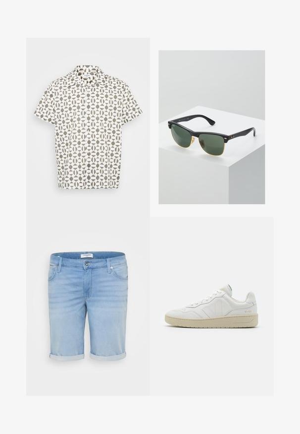 Kortærmet skjorte med knapper i hvidt stof med et geometrisk brunt mønster. Har en klassisk krave og en diskret struktur.; Lysblå denimshorts med en let falmet finish, opfoldede bukseben, fem-lommer design og en metalknaplukning.; Hvide lædersneakers med struktureret overflade og polstret krave. Har en beige gummisål og diskret branding på hælen og siden.; Ray-Ban solbriller med grønne linser, sorte plastikstel og gyldne detaljer ved kanterne. Firkantet form med mat finish.