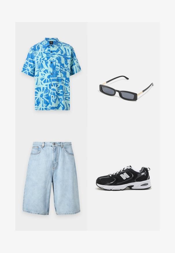 Kortærmet skjorte med knapper, lys blå baggrund og kraftige, abstrakte blå solstrålemønstre. Frontlomme på venstre side.; Lys blå denimshorts med løs pasform, der har to forlommer, lynlås og synlige stikninger.; Sorte og grå sportssko med mesh og ruskind på overdelen, der har en hvid mellemsål, snørebånd og et iøjnefaldende "N" logo på siden.; Rektangulære sorte solbriller med mørke linser. Slanke, flade arme har en guldfarvet detalje. Glat plastisk ramme med mat finish.