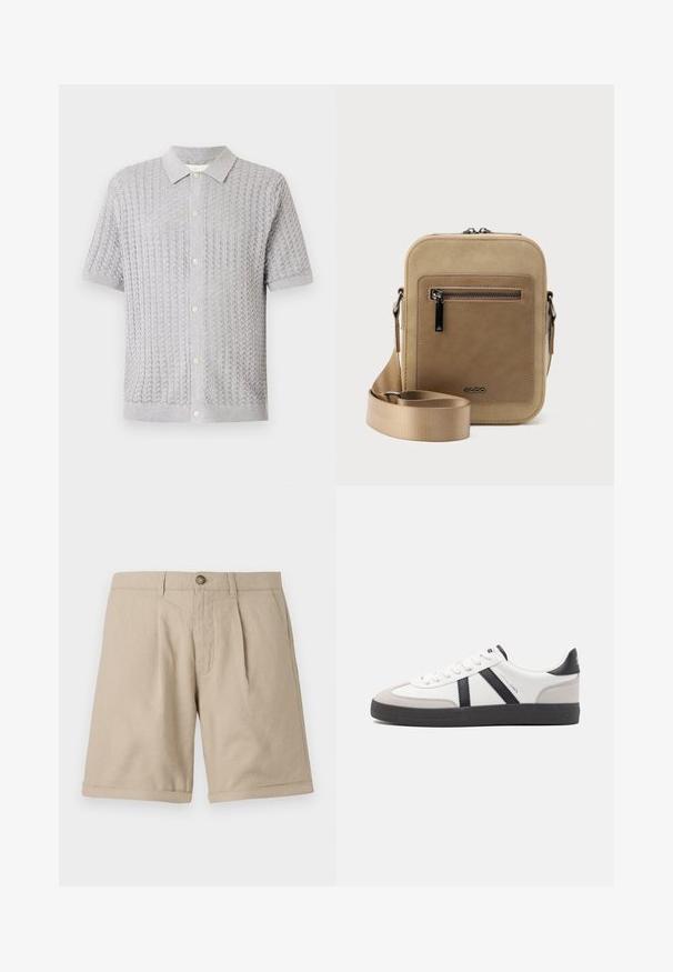 Polo de manga corta de punto gris con un patrón texturizado, cinco botones en el frente y un cuello suave.; Pantalones cortos de lino beige con corte recto, que presentan pinzas delanteras, cierre de botón y detalles de dobladillo vuelto. Textura suave con diseño minimalista.; Zapatilla blanca con acentos en negro y gris, que presenta una puntera texturizada en gris, suela de goma negra y cordones planos blancos. Diseño limpio, estilo minimalista.; Bolso pequeño beige tipo bandolera con bolsillo frontal con cremallera, logo metálico de ALDO, correa ancha ajustable y forma rectangular redondeada sobre fondo blanco.