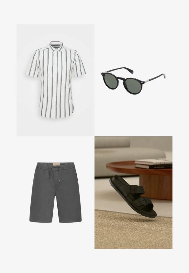 Chemise à manches courtes avec boutons en blanc, ornée de fines rayures verticales grises, dotée d'un col standard et d'une texture en coton lisse.; Shorts gris avec une ceinture élastique, une fermeture à cordon, des poches latérales et un petit patch logo beige. Fabriqués en tissu léger.; Sandale noire à double bride avec boucles sur un tapis beige tissé, table ronde en bois avec des livres empilés en arrière-plan.; Lunettes de soleil rondes noires avec des verres verts foncés, monture en plastique et accents en métal sur les branches. Texture lisse, design minimaliste.