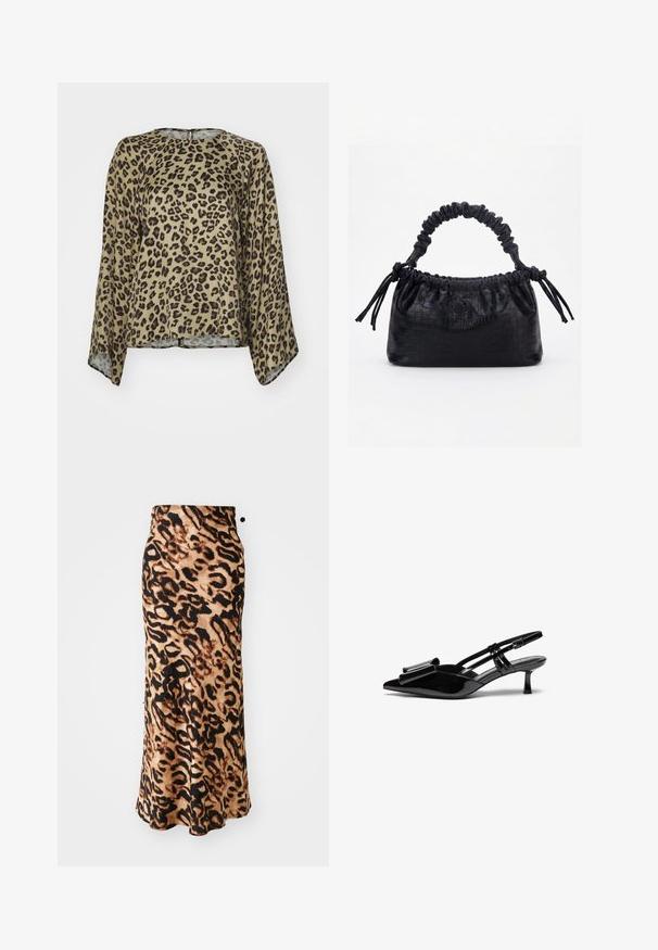 Bluse med leopardprint og rund halsudskæring, lange ærmer og løs pasform. Lavet af et glat, let materiale i beige og sorte nuancer.; Maxikjole med leopardprint og en tætsiddende talje, lavet af blødt stof, med nuancer af brun og sort i en svævende A-formet silhuet.; Sorte patenterede læderslingbacks med spids tå, en sløjfedetalje foran og en lille stilettohæle. Remmene har justerbare spænder.; Sort taske med krokodilletekstur, rynket øverste kant, samlet hank og snore med kvaster på hver side mod en hvid baggrund.