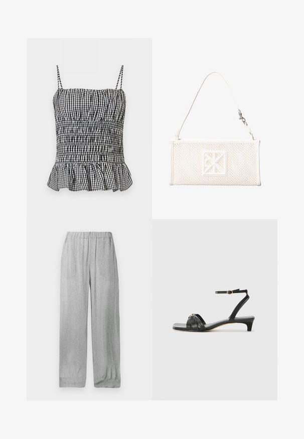 Sort-hvid gingham smocket camisole top med tynde stropper og flæset kant mod en ensfarvet baggrund.; Lysegrå bukser med elastik i taljen og et subtilt hvidt blomsterprint over det hele, lige og løs pasform med opbukket kant.; Sorte lædersandal med firkantet tå, vævet remdesign, ankelrem med gyldent hardware og en lav, spidset hæl.; Hvid rektangulær mesh-håndtaske med en enkelt rem og et kvadratisk dekorativt emblem foran.
