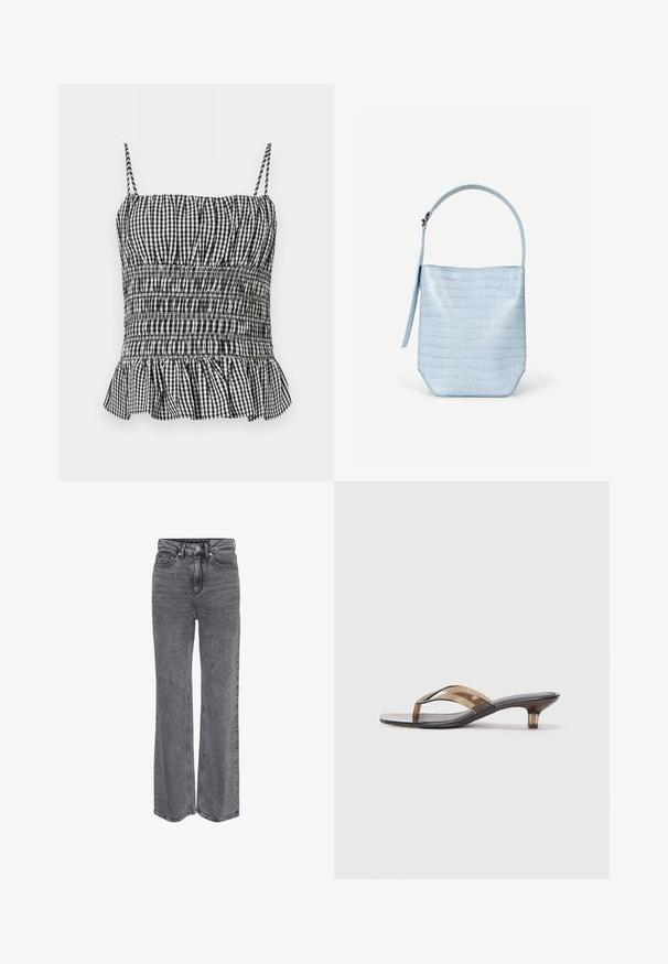 Sort-hvid gingham smocket camisole top med tynde stropper og flæset kant mod en ensfarvet baggrund.; Grå denimjeans i høj talje og med lige ben, med frontknap, lynlåslukning og klassisk design med fem lommer.; Gennemsigtig hælflip-flop med et tyndt stropdesign, der har en sort fodseng og lysebrune accenter, der tilbyder en minimalistisk æstetik.; Lyseblå håndtaske med krokodillestruktur, rektangulær form, enkelt topstrop, og en sideophængt rem på en ensartet hvid baggrund.