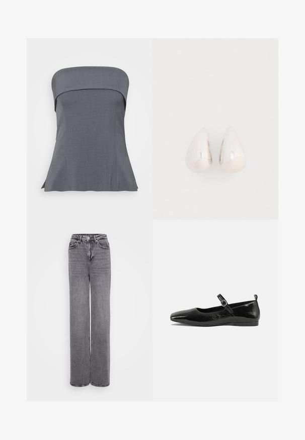 Grå bandeau-top med lige udskæring, skræddersyet pasform og udvidet kant. Stof har en glat tekstur, velegnet til hverdag eller formelle anledninger.; Grå højtaljede jeans med lige ben, knap- og lynlåslukning, fem lommer og en tekstureret denimfinish.; Sorte patentlæder flade sko med spidse tæer, en ankelrem med spænde og en glat, blank tekstur. Lav hæl for komfort.; Sølvmetal dråbeøreringe med en glat, reflekterende overflade og tåreform, der har et sammenhængende design uden synlige udsmykninger.