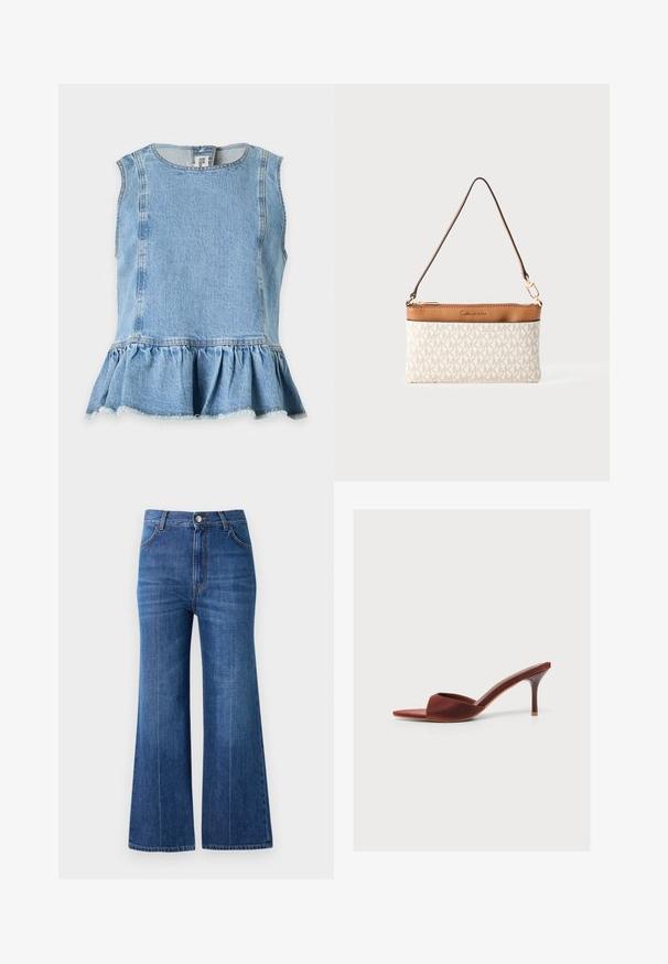Haut sans manches en denim bleu clair avec encolure ronde et ourlet à volants froncés, fermeture par bouton dans le dos au niveau du cou.; Jean large en denim bleu foncé, avec une taille haute, un léger effet délavé et un design classique à cinq poches. Cousu avec un fil de contraste.; Mule marron à bout ouvert avec un talon aiguille fin et une large bride sur le devant.; Pochette en tissu blanc avec des accents en cuir tan, présentant un motif logo MK sur l'ensemble, une bandoulière détachable et desfinition en métal doré.
