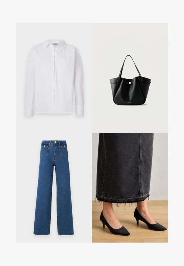 Chemise blanche à boutons faite en coton, avec des manches longues, un col classique et des détails de couture subtils.; Jean large en denim foncé. Doté de deux poches avant et d'une fermeture à bouton. Texture lisse avec des coutures visibles et une forme structurée.; Escarpins en suede noirs avec un bout pointu et un talon de 3 pouces, associés à une longue jupe en denim foncé présentant des détails d'ourlet effilochés.; Sac cabas en cuir noir avec deux bretelles, un petit fermoir doré et le logo "Anna Field" sur fond blanc.
